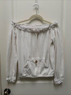 Juicy Couture Off-Shoulder White Terrycloth Sweater